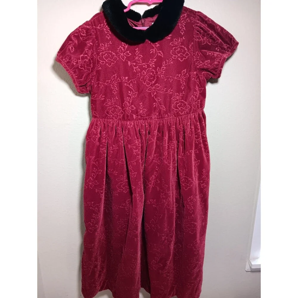 Gymboree Girls Red Crushed Velvet Dress with Faux-Fur Peter Pan Collar 3XL  8yrs